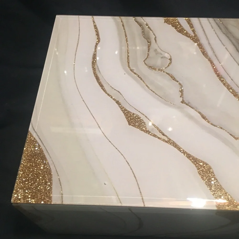 Glass Gold Glittery White Faux Marble Jewelry Box